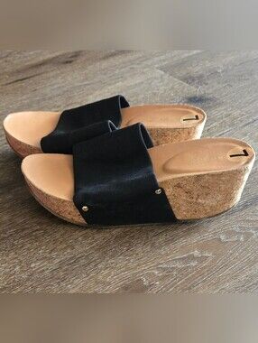 Bamboo Black Wide-Strap Cork Wedge Slides